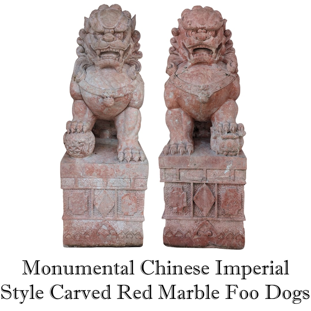 (2) Monumental Chinese Imperial Style Carved Red Marble Foo Dogs / Qilin Dragons