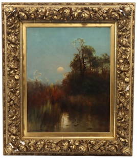 Edward Moran (1829- 1901) American, Oil on Canvas: Edward Moran (1829- 1901) American, Oil on Canvas. American marsh with moon in the distance. Original frame. Original stretcher.Overall Size: 31 1/2 x 27 1/4 in.Sight Size: 21 1/2 x 17 in.Frame