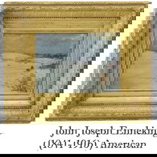 John Joseph Enneking (1841-1916) American, OiI on Board: John Joseph Enneking (1841-1916) American, OiI on Board. Signed in the lower right. Depicting a winter scene with snow covered hills and trees with a cloudy sky, the sun peeking out in the upper