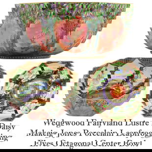 Wedgwood Fairyland Lustre Porcelain Leapfrogging Elves Octagonal Center Bowl: Wedgwood Fairyland Lustre Porcelain Octagonal Center Bowl. Created by Daisy Makeig-Jones. Pattern is Leapfrogging Elves. Marked on underside. This version has an exceptionally complex panoramic