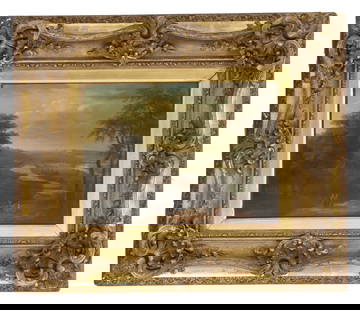 Jean-Baptiste-Gabriel Langlacé (1786-1864) French, Oil on Canvas: Jean-Baptiste-Gabriel Langlacé (1786-1864) French, Oil on Canvas. Signed lower right.Oil on canvas landscape with figures on a rural road, overlooking forest and river, with city on the