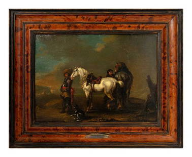 Attributed to August Querfurt (1696-1761) German, Oil on Panel: Attributed to August Querfurt (1696-1761) German, Oil on Panel. Depicting a group of soldiers at rest with their horses, a cloudy sky with hints of blue. Two red collector's seals on the