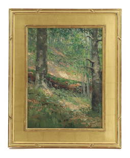 Mary Agnes Yerkes (1886-1989) American, Oil on Canvas: Mary Agnes Yerkes (1886-1989) American, Oil on Canvas. Signed Yerkes lower left and dated 1917 below that. Wooded landscape with grass and trees, one appears to have fallen. Includes part