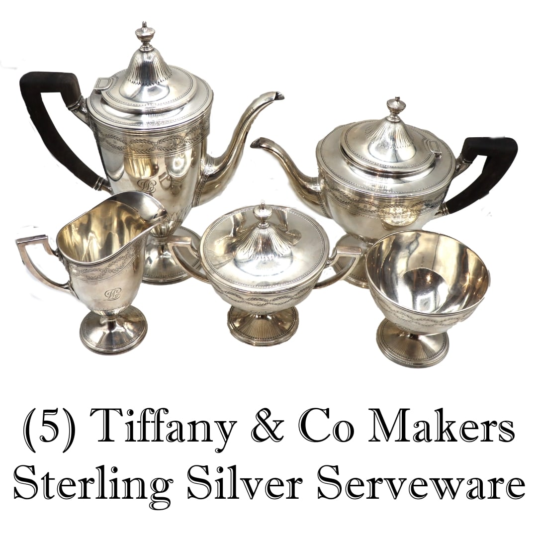 (5) Tiffany & Co Makers Sterling Silver Serveware - 75.34 ozt.: (5) Tiffany & Co Makers Sterling Silver Serveware - 75.34 ozt. Lot of five Tiffany & Co Makers sterling silver serving items, including coffee pot, tea pot, creamer, and sugar pots. Marked on foot rim