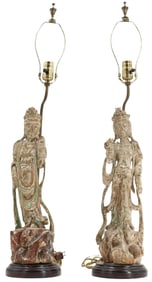 (2) Chinese Antique Carved Wooden Polychrome Painted Guanyin Statues as Lamps