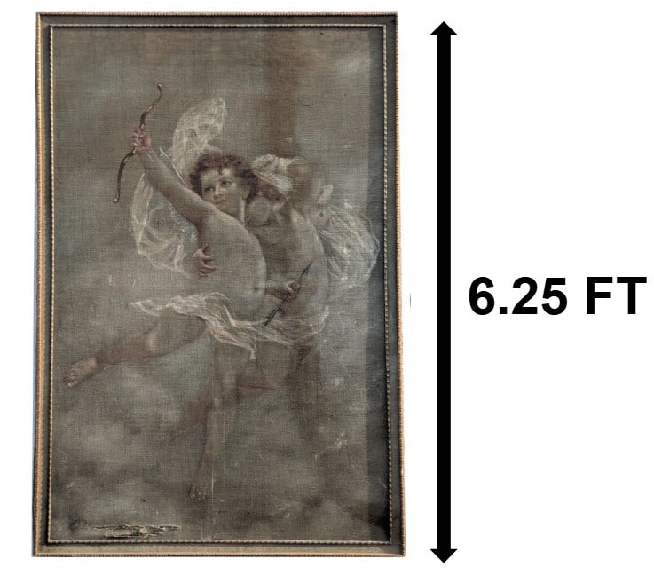 Impressive Antique Oil on Linen Baroque Painting of Cupids: Impressive Antique Oil on Linen Baroque Painting of Cupids. Framed, vertical oil painting depicting two classical figures, likely putti or Cupids, rendered in a muted, monochrome palette dominate