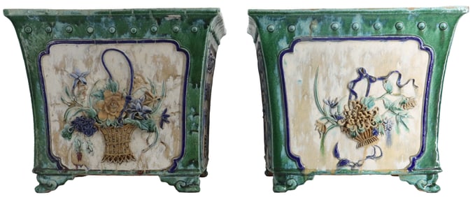 Pair of Chinese Green Drip Glaze Ceramic Footed Pots