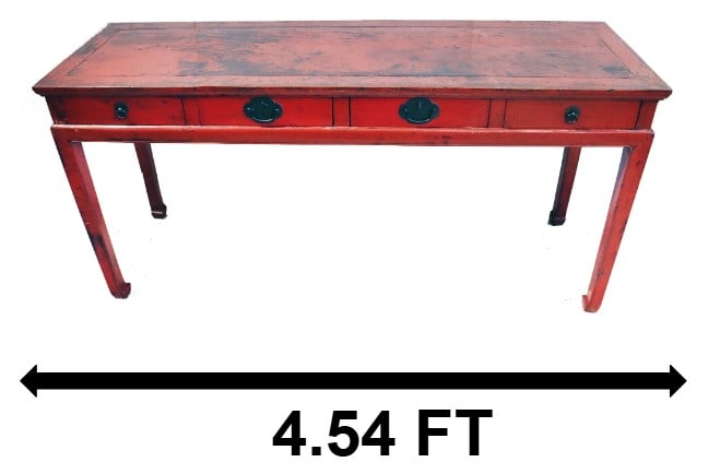 Antique Chinese Red Lacquer Wood Console Table: Antique Chinese Red Lacquer Wood Console Table. Four drawers with brass pulls. Condition: Commensurate with age. Significant damage to the red lacquer. Size: 19 1/2 x 32 x 54 1/2 in. 