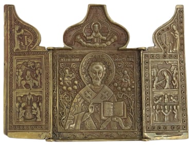 19th Century Russian Brass Traveling Icon Triptych of St. Nicholas Wonder Worker
