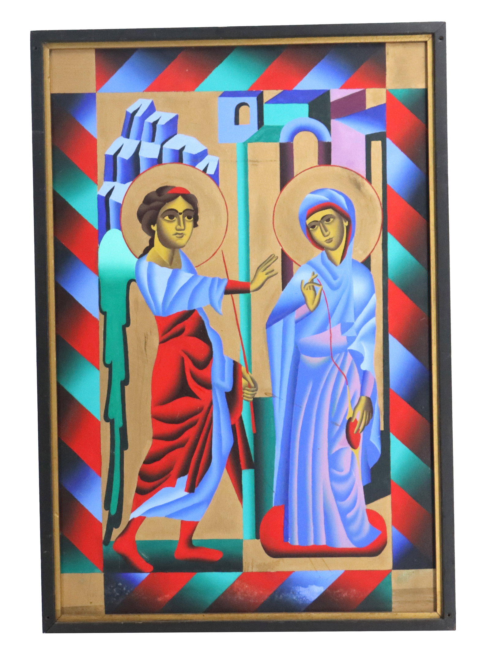 "The Annunciation" Exhibited Oil on Canvas: "The Annunciation" Exhibited Oil on Canvas. The Archangel Gabriel announcing to the Virgin Mary that she would conceive and give birth to Jesus Christ, the son of God. Remnants of an exhibit