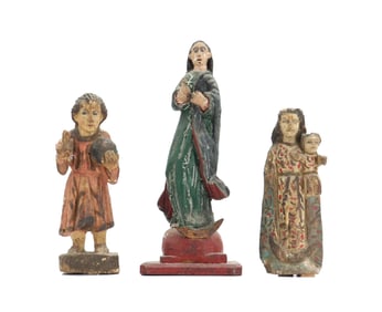 (3) Spanish Colonial Polychrome Painted Hand Carved Wooden Saint Statues