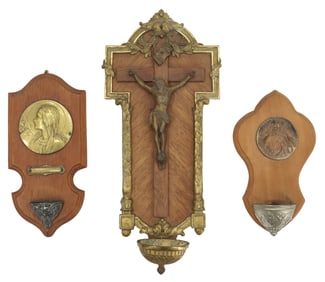 (3) Wood and Brass Christian Items with Holy Water Fonts
