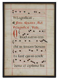 13th Century Framed Antiphonal Ecclesiastic Chant Medieval Manuscript on Vellum: 13th Century Framed Antiphonal Ecclesiastic Chant Medieval Manuscript on Vellum. Extremely large for the time, with the other side of the page slightly visible beneath. Condition: Commensurate w