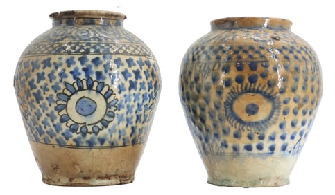 Pair of 17th/18th Century Persian Blue and White Tin Glazed Ceramic Vases - AS IS
