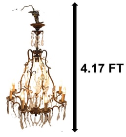 Antique French Empire Style Wrought Iron and Crystal 8-Sconce Electrified Chandelier