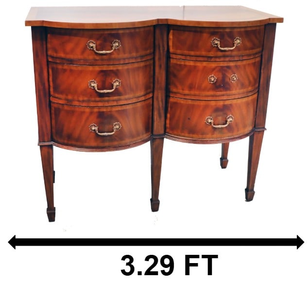 Maitland-Smith Hepplewhite Style Double Demilune 6-Drawer Commode: Maitland-Smith Hepplewhite Style Double Demilune 6-Drawer Commode. Sticker on back, name plate on inside. Mahogany with banded top and drawers, double bow front design on tapered legs ending on s