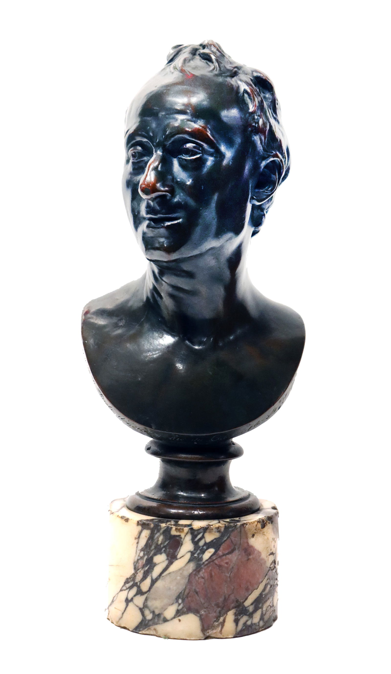After Jean-Antoine Houdon, 19th Century Bust of a Diderot: After Jean-Antoine Houdon, 19th Century Bust of a Diderot. Bronzed plaster, breccia violetta marble base. Inscribed in French along the underside of the front edge identifying it as after Houdon