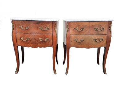 Pair of Louis XV Style Marquetry and Ormolu Bedside Tables with Marble Tops