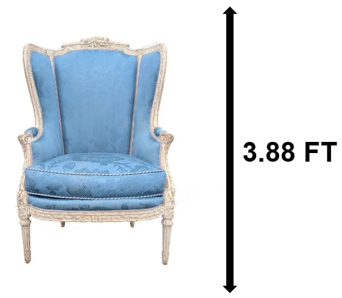 French Louis XVI Style Baby Blue Upholstery Wingback Chair: French Louis XVI Style Baby Blue Upholstery Wingback Chair. Incredible stitching and detailing throughout, fit for a prince. Condition: Commensurate with age. Significant paint loss. Size: 30 1/