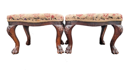 (2) Matching Antique Victorian Carved Wood Foot Stools with Floral Upholstery