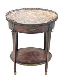 French Louis XVI Style Marquetry Oval Side Table with Marble Top and Bronze Details