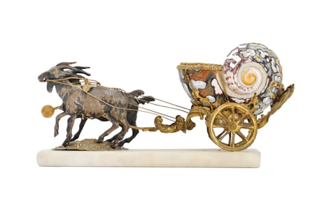 Antique French Bronze and Shell Goats with Cart