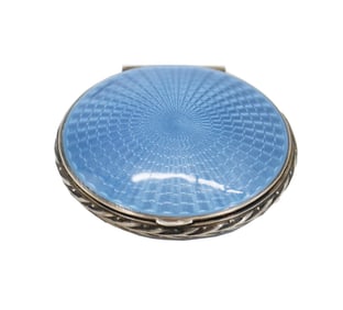 English Silver and Guilloche Enameled Mirror Box Powder Compact