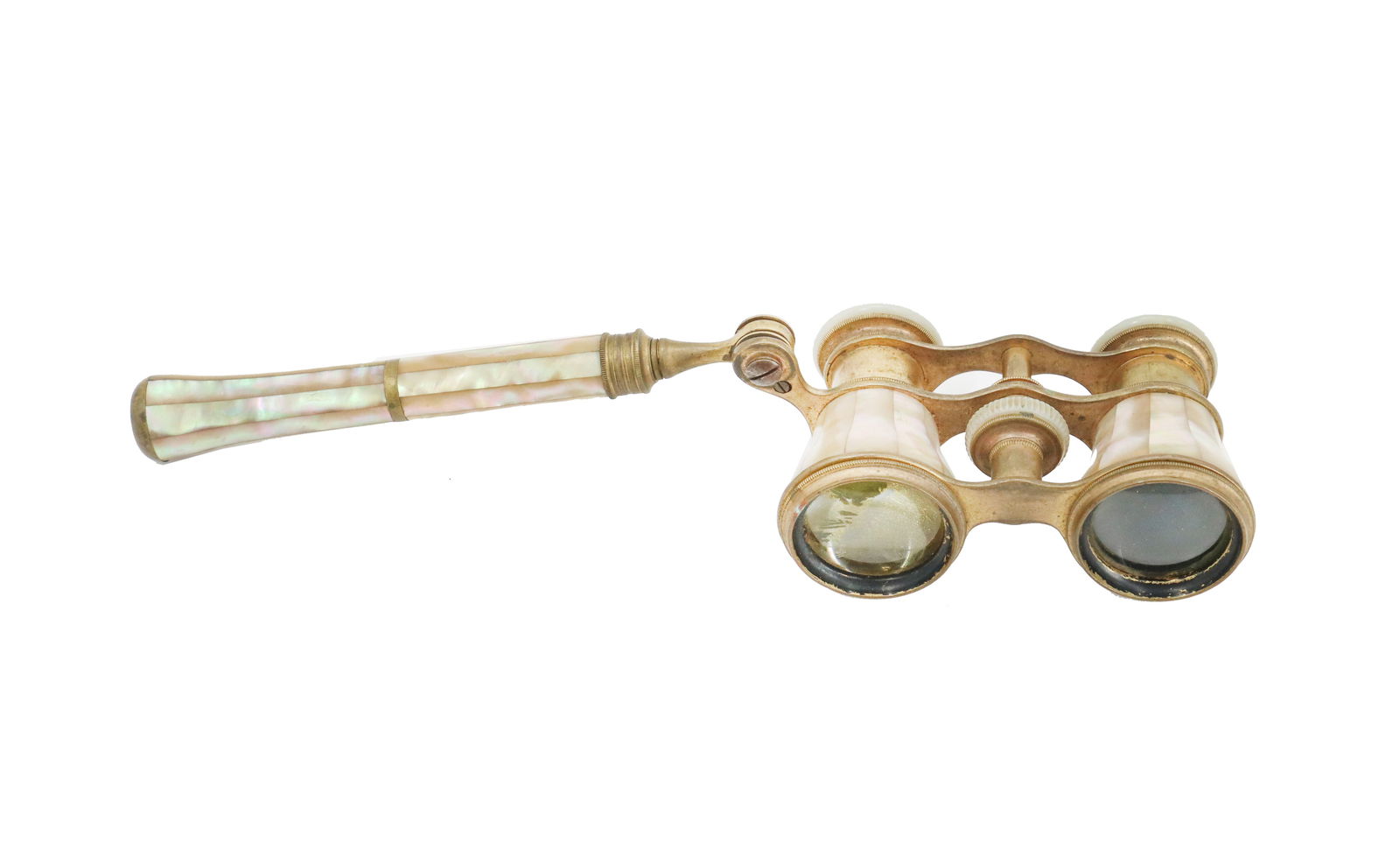 French Mother of Pearl and Brass Paris Opera Glasses with Original Parasol Handle: French Mother of Pearl and Brass Paris Opera Glasses with Original Parasol Handle. Marked on irises. Condition: Film on one lens. Commensurate with age. Size: 6 x 4 1/2 x 2 1/2 in. O