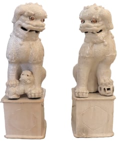 Pair of Chinese Ceramic Foo Dogs On Square Bases