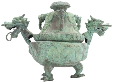 Antique Chinese Patinated Cast Iron Dragon Lidded Vessel