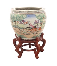 Large Chinese Fish Bowl with Wooden Stand