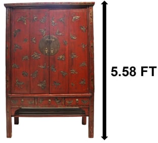Chinese Red Lacquer Cabinet with Brass Detailing