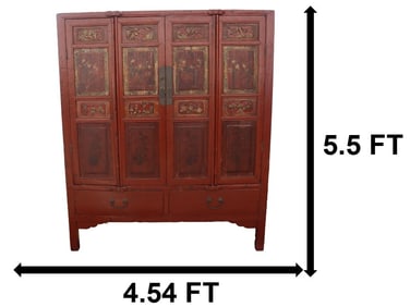 Chinese Red Lacquered Wood Wedding Cabinet with Export Seal