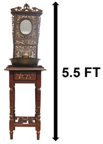 Chinese Carved and Gilded Wood Washstand with Brass Bowls and Mirror