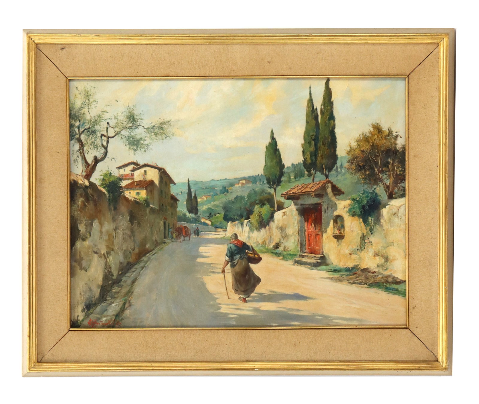 Aldo Affortunati (1906-1991) Italian, Oil on Canvas: Aldo Affortunati (1906-1991) Italian, Oil on Canvas. Signed lower left. Oil on canvas landscape painting of a rural Italian road lined with trees. Framed. Overall Size: 24 x 29 3/4 in. Sight Size