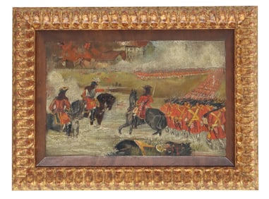 American Revolutionary War Battle Scene, Oil on Board Painting "The Assault on Fort Ticonderoga, 8th