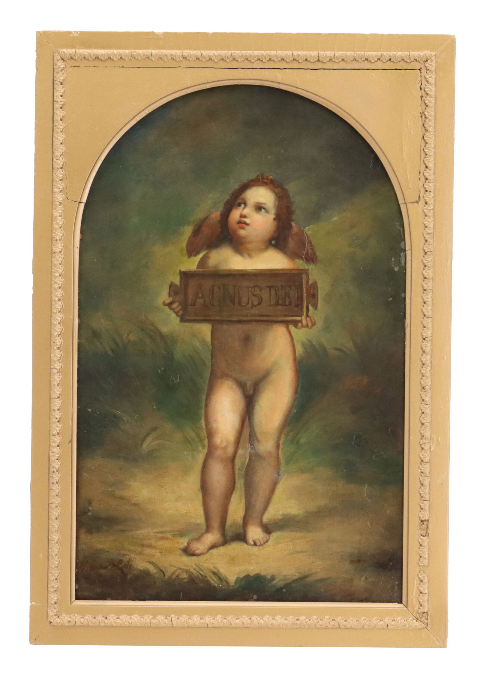 19th Century Italian School Oil on Canvas: 19th Century Italian School Oil on Canvas Cherub "Agnus Dei". Oil on canvas antique traditional Italian school painting of a cherub holding a wooden sign reading 'Agnus Dei' (Lamb of
