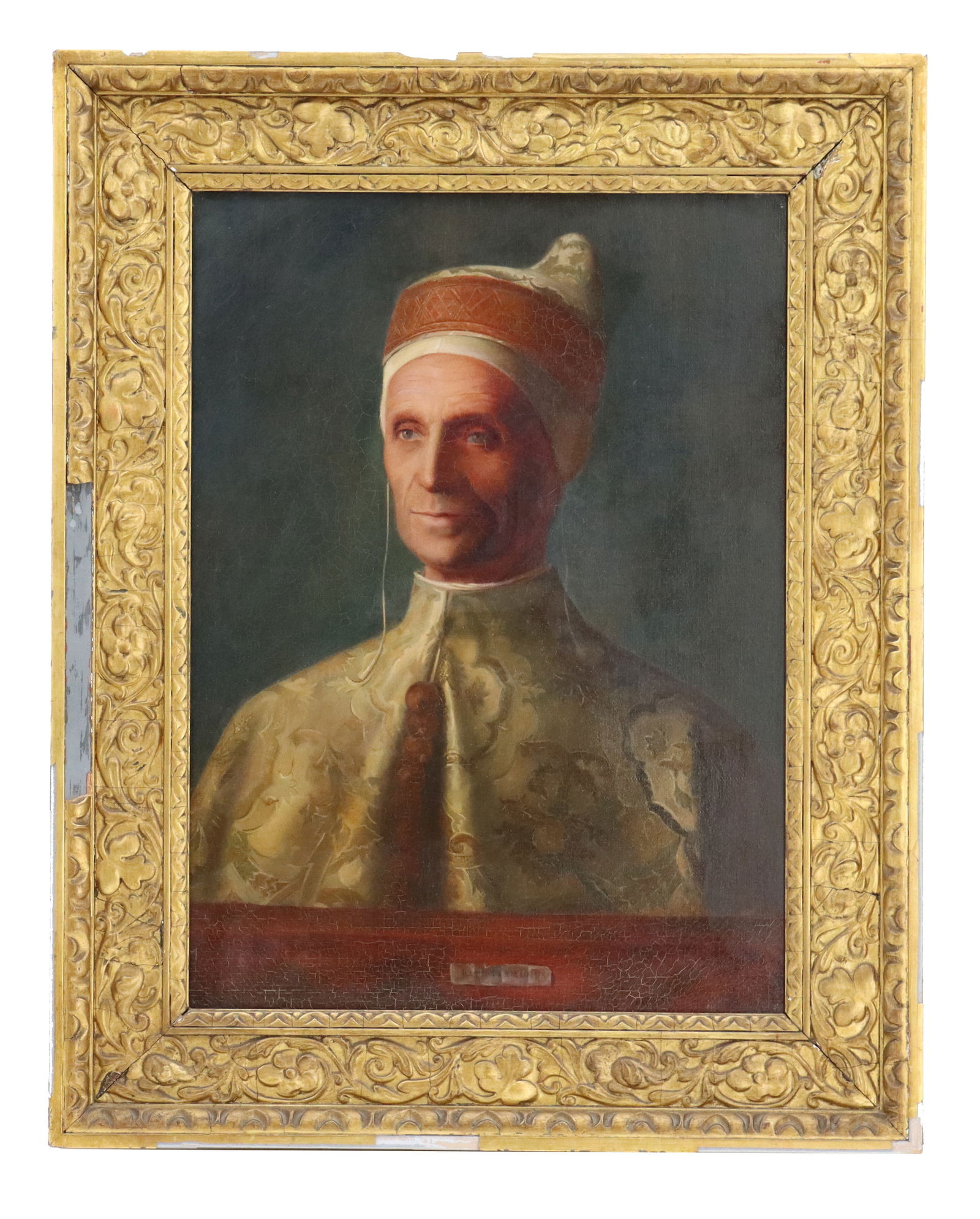 After Giovanni Bellini (Circa 1430–1516) Italian, Oil on Canvas Antique Reproduction Portrait of: After Giovanni Bellini (Circa 1430–1516) Italian, Oil on Canvas Antique Reproduction Portrait of Doge Leonardo Loredon. Condition: Canvas shows signs of cleaning and restoration some