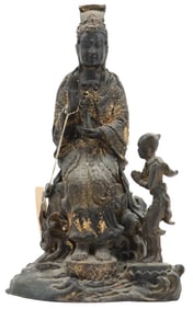 Antique Thai Bronze Seated Guanyin with Child