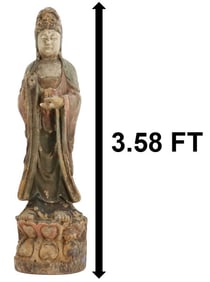 Large East Asian Buddhist Carved and Painted Wood Guanyin Statue - AS IS
