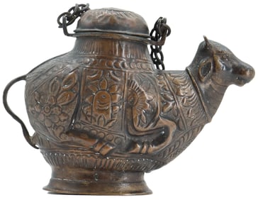 19th Century Indian Copper Cow/Nandi Form Gaumuki Shringi Holy Water Vessel