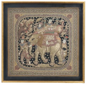 Framed Burmese Embroidered Silk Kalaga Under Glass