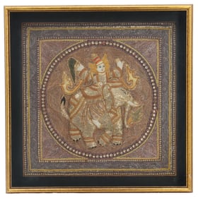 Framed Burmese Embroidered Silk Kalaga Under Glass