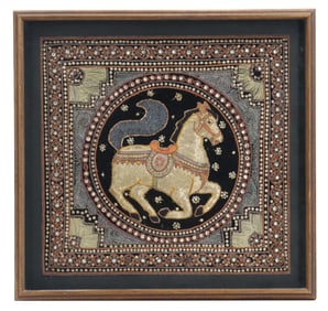 Framed Burmese Embroidered Silk Kalaga Under Glass