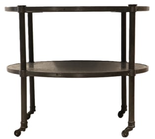 Chinese Two Tiered Embossed Brass and Wood Wheeled Side Table