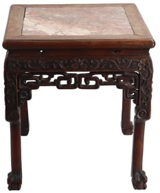 Chinese Carved Wood Marble Topped Low Table or Stand