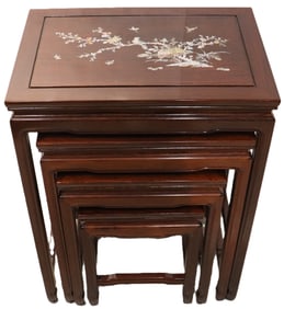 (4) Chinese Nesting Tables With Mother of Pearl Inlaid Scenes