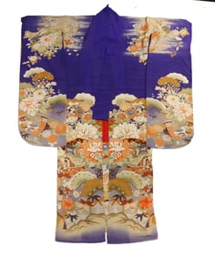 Long Japanese Ornate Embroidered Silk Kimono with Floral Decorations
