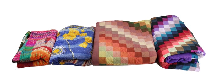 (4) Indian Assorted Silk and Cotton Hand-Made Kantha Throws