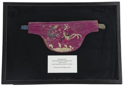 Framed Chinese Qing Dynasty Embroidered Dragon and Phoenix Silk Change Purse